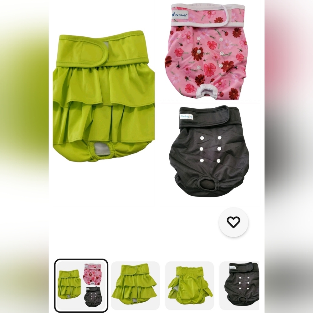 New 3 Reusable Female Dog Diapers One With  Ruffle 2 With Button Design Sz L